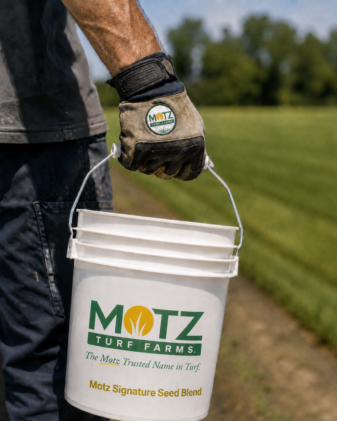 Motz team member carrying a bucket of Motz Signature Seed Blend